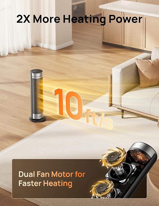 Dreo Space Heater for Large Room, 23 Inch Electric Heaters for Indoor Use, 8 Safe Protection Tower, 70° Oscillation, PTC Ceramic with Thermostat and Remote, Quiet, 12H Timer, Bedroom, Office