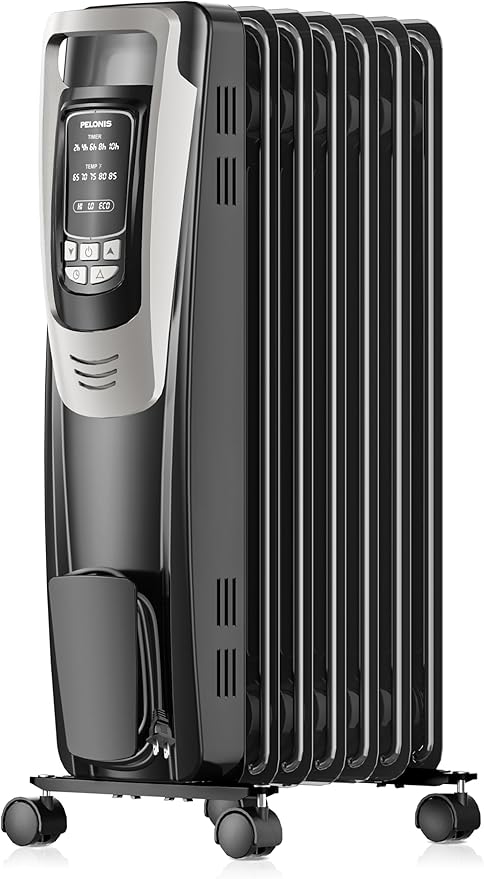 PELONIS Radiator Heater for indoor use Large Room with Remote, Thermostat & LED Display, Quiet Oil Filled Heater with 5 Temperature Settings, Overheat & Tip-Over Protection, Silver