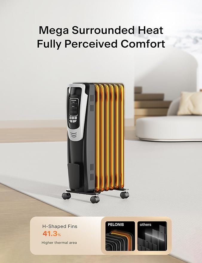 PELONIS Radiator Heater for indoor use Large Room with Remote, Thermostat & LED Display, Quiet Oil Filled Heater with 5 Temperature Settings, Overheat & Tip-Over Protection, Silver