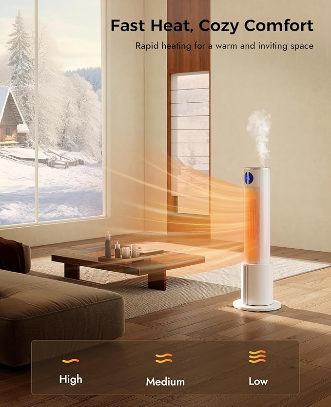 Space Heaters for Indoor Use - Portable Tower Heater with Humidifier, Remote, Adjustable Thermostat, 3 Heat Modes, Multiple Safety Protection, 12H Timer, Quiet Electric Heater for Bedroom